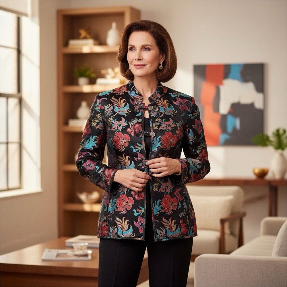 Chicos Womens Plus Size Large Silk Nehru Collar Floral Black Mandarin Jacket Top